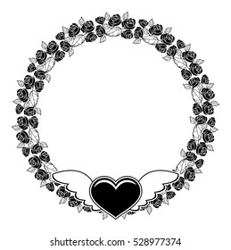 Black and white round silhouette frame with roses and flying heart. Valentine day background. Vector clip art.
