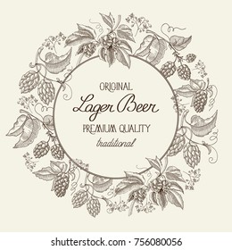 Black and white round wreath frame composition with text about traditional original lager beer of premium quality in the center of card hand drawn sketch vector illustration