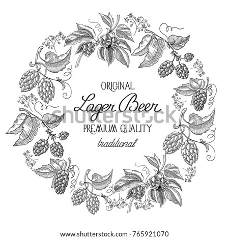 Black and white round wreath frame composition with text about traditional original lager beer of premium quality in the center of card hand drawn sketch vector illustration.
