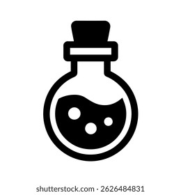 Black and White Round-Bottom Flask Icon with Bubbles