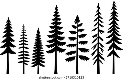 Fila blanca y negra de pinos altos en un bosque