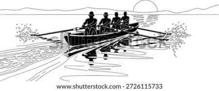 Black and white rowing team illustration, minimal line drawing, four people in boat, water ripples, sunrise, teamwork, outdoor sport