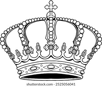 black and white royal crown for colouring page or icon