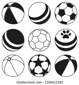 Black and white rubber ball silhouette set. Simple toy for domestic animal. Pet care themed vector illustration for icon, sticker, patch, label, badge, certificate or gift card decoration