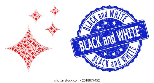 Estampilla redonda de caucho negro y blanco y estrellas brillantes de colaje fractal vectorial. El sello azul contiene etiquetas en blanco y negro en forma redonda.