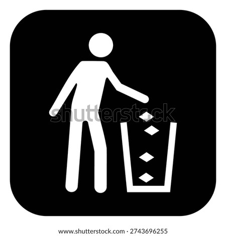 Black and white rubbish bin icon featuring person disposing trash into waste container. Ideal for public areas, parks, offices, schools, recycling points and facility signage systems.