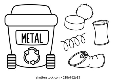 Black and white rubbish bin for metal waste with different garbage. Waste recycling and sorting concept or coloring page. Vector trash container and litter illustration. Ecological line set

