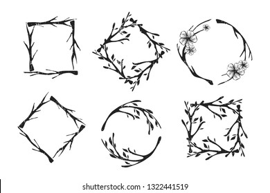 Black and white rustic frames. Vector shabby illustration. Decorative elements.