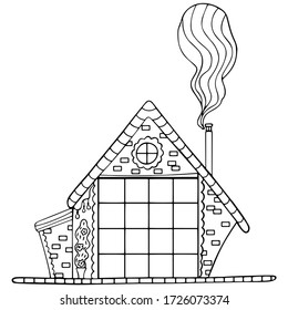 Black and white rustic house with scandinavian-style chimney smoke. A hut with a brick wall and a flower bush in a pot. Coloring book antistress, design element for printing. Vector.
