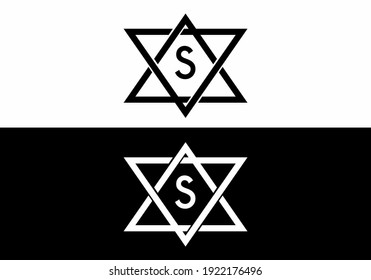 Black white of S initial letter in star frame design