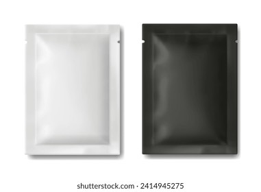 Black and white sachet packaging for food, cosmetic and hygiene. Wipe, cream, sugar, salt package mockup Vector realistic illustration.