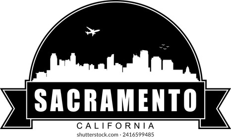 Black and white Sacramento California buildings skyline negative air space silhouette dome shaped emblem with scroll banner below and name text inside. Vector eps graphic design.