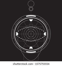 Black and white sacred geometry design for apparel. Mystical tattoo sketch. Hipster lineart. Alchemical symbol. Isolated vector illustration.
