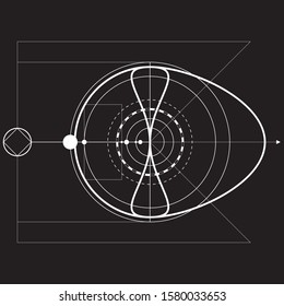 Black and white sacred geometry design for apparel. Mystical tattoo sketch. Hipster lineart. Alchemical symbol. Isolated vector illustration.