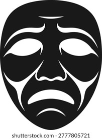 Black and White Sad Mask Vector – Tragic Facial Expression Illustration