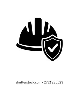 Black and white safety hard hat solid icon with shield overlay