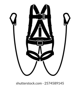 Black and white safety harness with two lanyard, hook, and absorber. Personal protective equipment and gear for working at height to prevent falling.