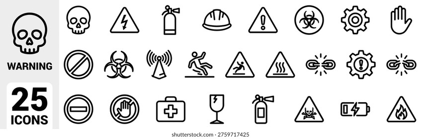 Black and white safety and hazard warning icon set featuring toxic substances, electrical danger, biohazard, radiation, flammable, corrosive, mechanical risks, first aid, and workplace safety symbols