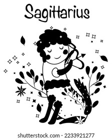 Black and white Sagittarius astrological sign. Funny Zodiac sign with colorful leaves and stars around. Sagittarius perfect for posters, logo, cards. Vector illustration.