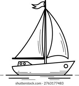 Black and white sailboat with flag sailing on calm water