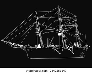 A black and white sailboat glides gracefully on a dark background, its sails billowing in the wind. The detailed hull glistens under the light, capturing the essence of maritime adventure.