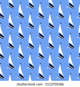 Black and white sailboat, waves and gulls on blue background seamless pattern. Marine boyish theme. Best for childish textile, print, wallpapers, and nursery decoration.