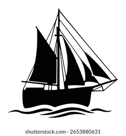Ilustração do vetor do barco à vela preto e branco no fundo branco.