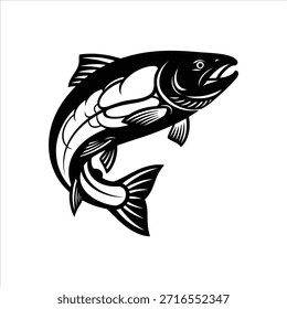 Black and white salmon fish jumping up, a symbol of sport fishing or aquaculture, on isolated white background.