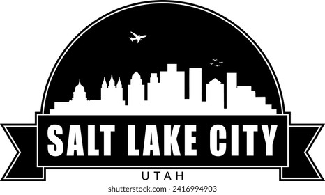 Schwarz-Weiß Salt Lake City Utah Gebäude skyline negative Luft Raum Silhouette Kuppel geformt Emblem mit Scrollbanner unten und Namen Text in der. Vektorgrafik-Design.