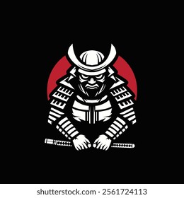 Black and White Samurai Logo with red background Swords and Traditional Armor