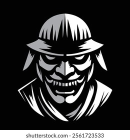 Black and White Samurai Logo with Sharp Grin and Minimalist Style