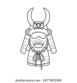 Black and white samurai mask. Vector flat illustration of a traditional warrior mask, ideal for custom design or as a coloring page. Isolated background.