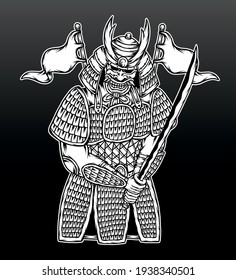 Black white samurai warrior illustration. Premium vector