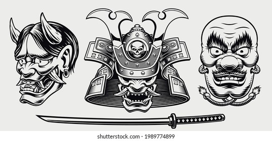 Black and white samurai-themed illustration isolated on white background