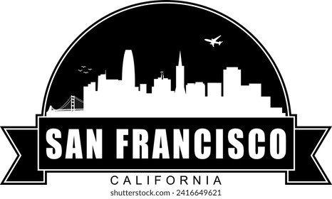 Black and white San Francisco California buildings skyline negative air space silhouette dome shaped emblem with scroll banner below and name text inside. Vector eps graphic design.