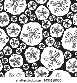 Black and White sand dollar Seamless vector pattern. Hand drawn elements make up this unique pattern. Perfect for fabrics, towels, pillows, scrapbooking, gift wrap and more!    