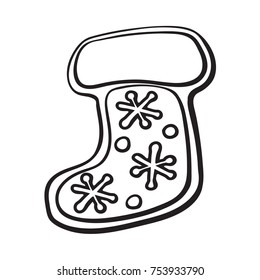 black and white Santa boot gingerbread cookies, sketch style vector illustration isolated on white background with speech bubble