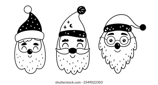 Clipart de Papá Noel blanco y negro. Santa Clipart facial. Carácter lindo de las Navidades. Dibuja a mano la Ilustración vectorial en estilo plano