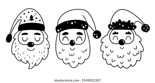 Clipart de Papá Noel blanco y negro. Santa Clipart facial. Carácter lindo de las Navidades. Dibuja a mano la Ilustración vectorial en estilo plano