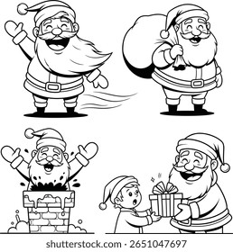 Black and White Santa Claus Illustrations Set – Festive Christmas Characters with Gifts and Chimney