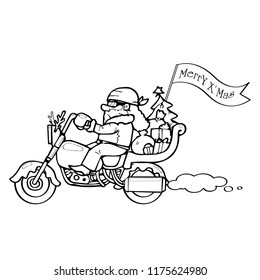 black and white santa claus on a motorcycle with gift bag, christmas day element cartoon object, vector doodle art