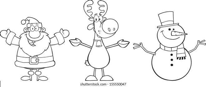 Black And White Santa Claus,Reindeer And Snowman