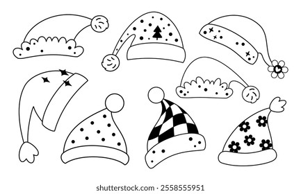 Black and white Santa hat clipart set. Christmas festive element. Vector illustration in flat style