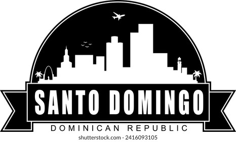 Black and white Santo Domingo Dominican Republic city buildings skyline negative air space silhouette dome shaped emblem with scroll banner below and name text inside. Vector eps graphic design.