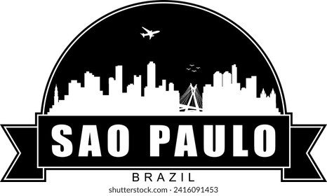 Edificios de la ciudad de Brasil en blanco y negro, Sao Paulo, estiran un espacio aéreo negativo, silueta en forma de emblema con banner de desplazamiento debajo y nombre texto dentro. Diseño gráfico de vectores.