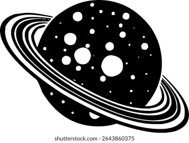 Ícone de Saturno preto e branco com anéis e pontos de cratera, em um estilo gráfico simples.
