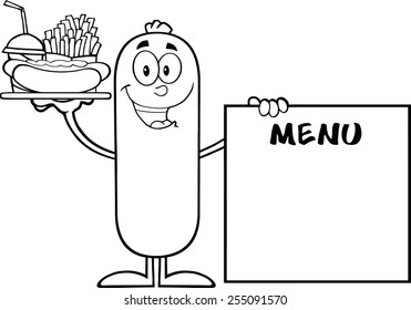 Black And White Sausage Carrying A Hot Dog, French Fries And Cola Next To Menu Board.Vector Illustration Isolated On White