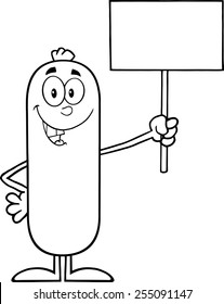 Black And White Sausage Cartoon Character Holding A Blank Sign. Vector Illustration Isolated On White