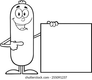 Black And White Sausage Cartoon Character Pointing To A Blank Sign. Vector Illustration Isolated On White