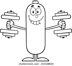 Black And White Sausage Cartoon Character Training With Dumbbells. Vector Illustration Isolated On White